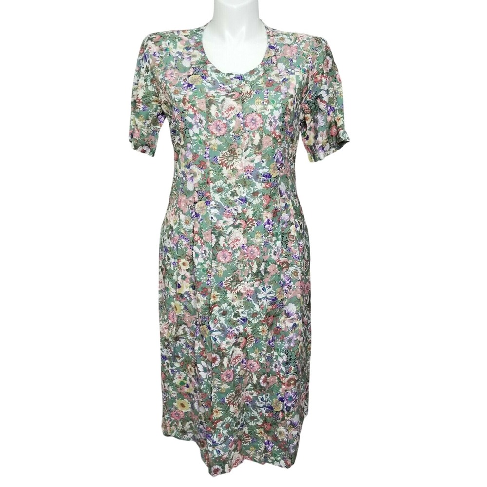 Serengeti Floral Button Front Midi Dress S/S Tie Back Cottagecore Prairie Granny